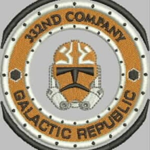 May include: A circular patch with a white border and a black outline. The center features a white and orange clone trooper helmet with the text "322nd Company Galactic Republic" around the helmet.