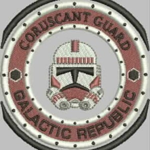 May include: A circular patch with a white and red clone trooper helmet in the center. The helmet has a red visor and a white stripe down the center. The text "CORUSCANT GUARD GALACTIC REPUBLIC" is written in a circle around the helmet.