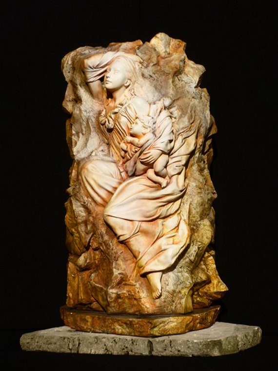 Madonna and Child sculpture not finished by Elena Karamushka of porcelain plaster H 58x35x35cm hand-painted with natural oxides