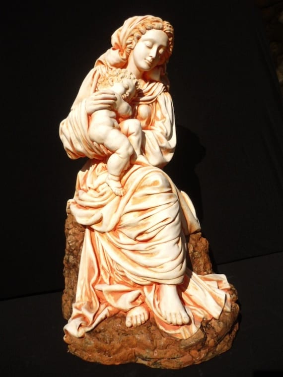 Madonna and Child sculpture by Elena Karamushka porcelain plaster H 75x35x35cm year 2011 hand painted