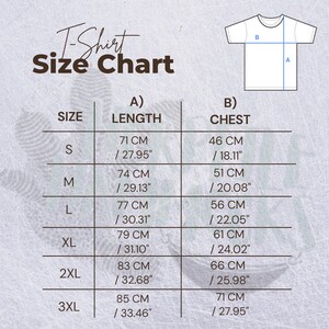 May include: T-shirt size chart with measurements in inches and centimeters. The chart shows sizes S through 3XL with corresponding chest and length measurements.