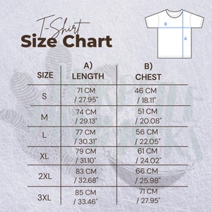 May include: A T-shirt size chart with measurements in centimeters and inches. The chart includes sizes S, M, L, XL, 2XL, and 3XL, with corresponding length and chest measurements in both cm and inches. A diagram of a t-shirt is in the upper right corner.
