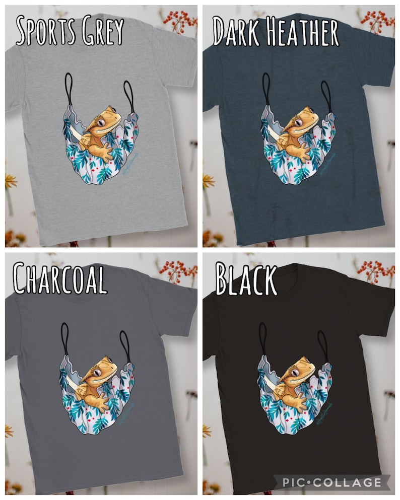 May include: Four t-shirts in different colors: sports grey, dark heather, charcoal, and black. Each shirt features a cartoon illustration of a crested gecko in a hammock with a floral pattern.