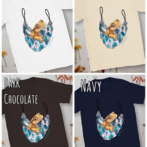 May include: Four t-shirts with a graphic of a crested gecko in a hammock. The t-shirts are available in white, natural, dark chocolate, and navy.