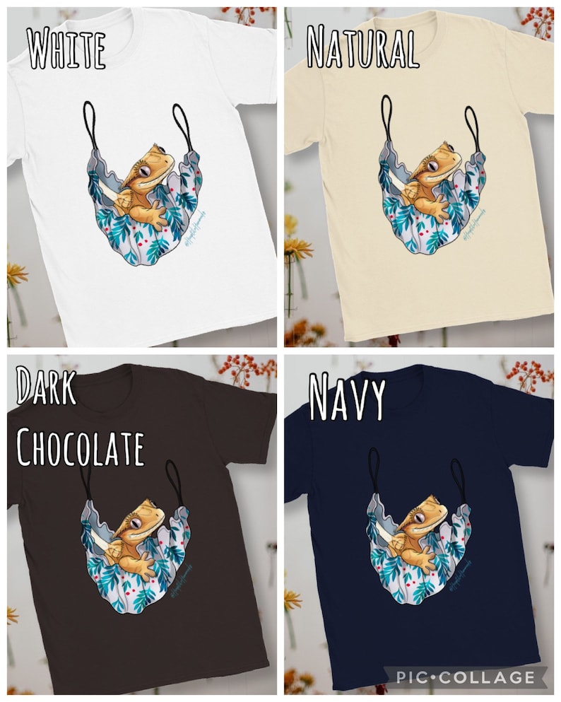 May include: Four t-shirts with a graphic of a crested gecko in a hammock. The t-shirts are available in white, natural, dark chocolate, and navy.