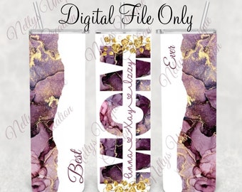 May include: Three white tumblers with a purple and gold abstract design. The tumblers have the words "Best", "Mom", and "Ever" printed on them.
