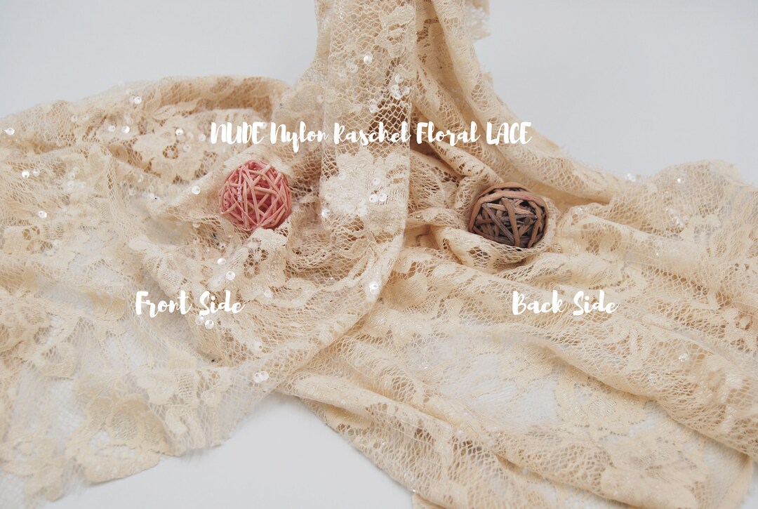 NUDE Nylon Raschel Floral LACE With Clear Sequins Fabric by the Yard