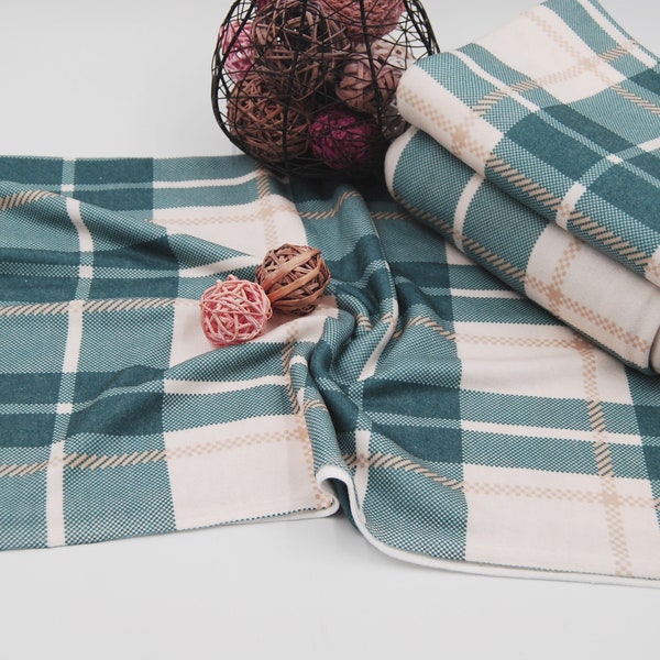 Teal & Cream Brushed PLAID PRINT Knit Fabric by the yard, Soft hand feel with Light to Medium weight**Limited Yards Offer**