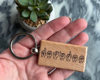 Personalized Name ASL Keychain /  custom Sign Language Gift / Wood Sign Language Key Fob / ASL Gift / Key Ring