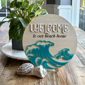 Beach House Welcome Sign / Ocean Wave Door Sign / Coastal Decor / Beach Wall Hanging