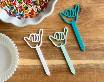 Set de adornos para tarta Shaka / Fiesta temática de surfistas / Adorno para tarta de playa / Palillos para cupcakes con forma de mano Shaka / Decoración para tarta The Big One