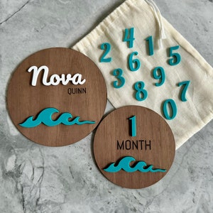 Ocean Waves Birth Announcement and Surfboard Milestone Set / Beach Theme Baby Nursery Decor / Ocean Baby Shower Gift / Surfer Baby Gift