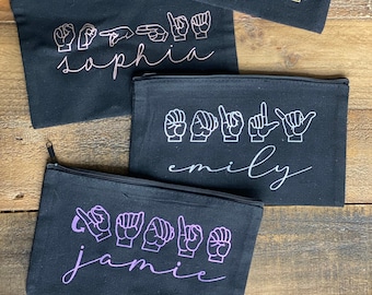 Bolsa cosmética de nombre ASL personalizada / Regalo ASL / Regalo de lenguaje de señas americano / Bolsa cosmética ASL / Bolsa cosmética personalizada / Regalo para ella