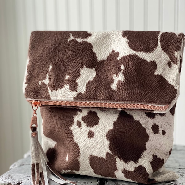 Brown Cowhide Print Fold Over Clutch with Tassel and Rose Gold Hardware / Women's Cow Hide Handbag / Country Western Purse / Cowgirl Clutch