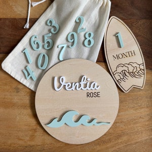 Ocean Birth Announcement and Surfboard Milestone Marker / Ocean Theme Nursery Decor / Ocean Baby Shower Gift / Surfer Baby Gift / Ocean Wave