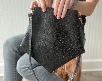 Minimalist Black Snakeskin Shoulder Bag with Gold Hardware / Black Viper Handbag / Geometric Pentagon Purse / Vegan Leather Bag