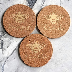 Cork Trivet / Bee Happy Bee Humble Bee Kind Kitchen Trivet / Cork Hot Pads / Hostess Gift / Kitchen Décor / Rustic Bee Kitchen Trivet