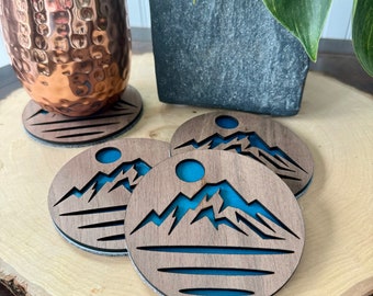 Wood Mountain Coaster Set / Outdoor Nature Coaster / Kotchen Decor / Rustic Decor / Housewarming Gift /  Mountain Sunset Drink Coasters