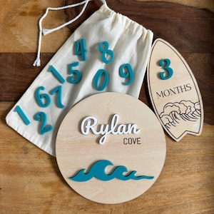 Ocean Waves Birth Announcement and Surfboard Milestone Set / Beach Theme Baby Nursery Decor / Ocean Baby Shower Gift / Surfer Baby Gift