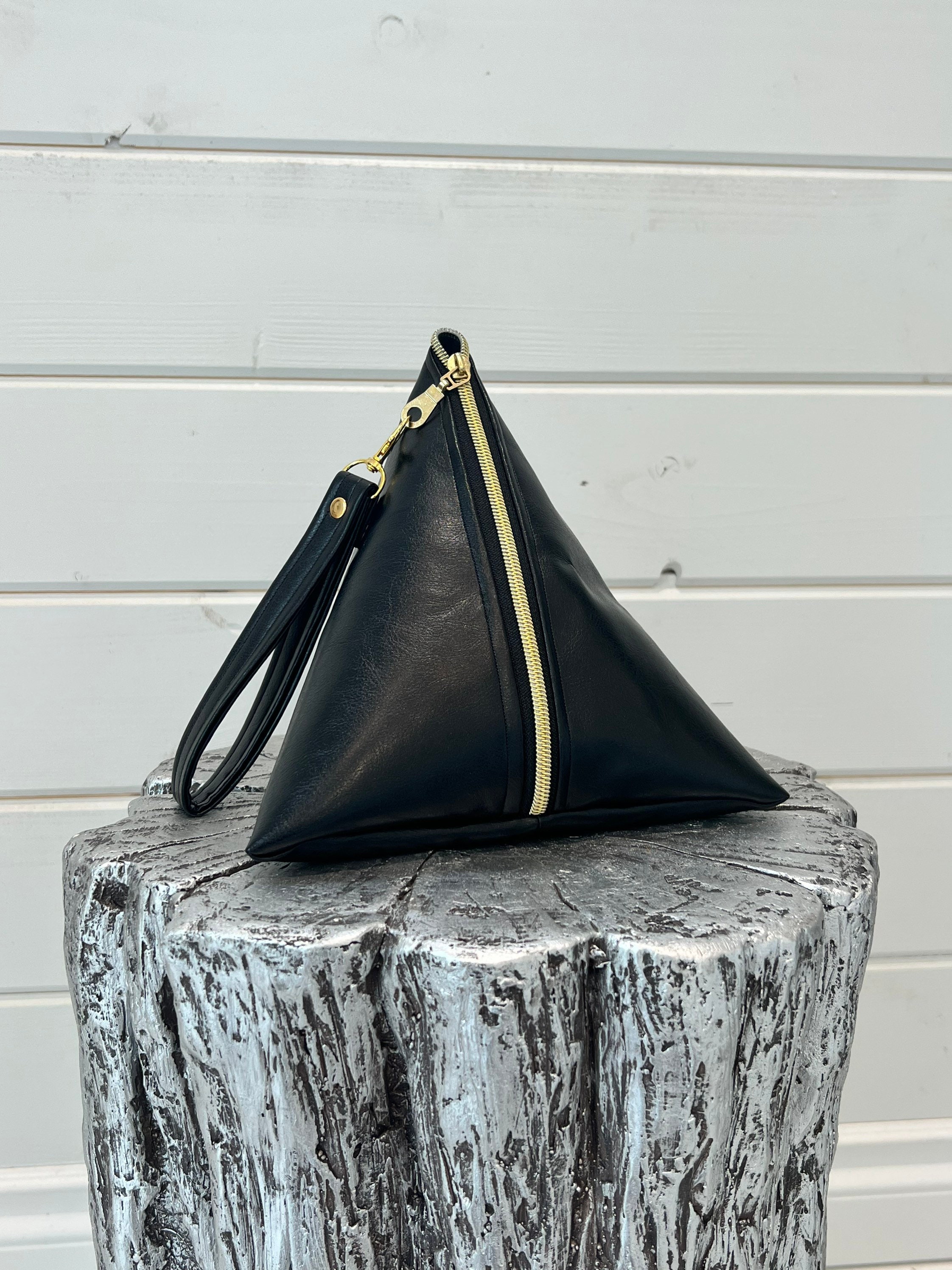 Black Pyramid Wristlet with Gold Zipper and Detachable Strap Women s Evening Bag Faux Leather Clutch Geometric Purse Triangle Bag