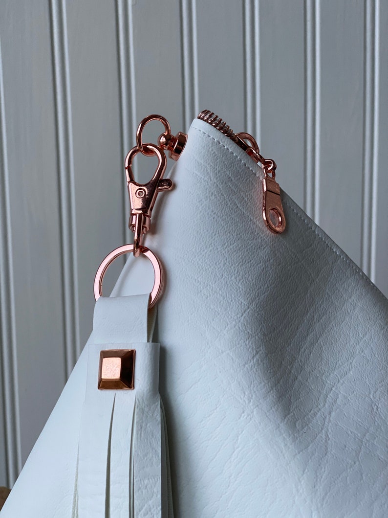 White and Rose Gold Evening Clutch with Detachable Tassel Keychain Women/'s Wristlet Small Evening Bag Minimalist Vegan Leather Purse