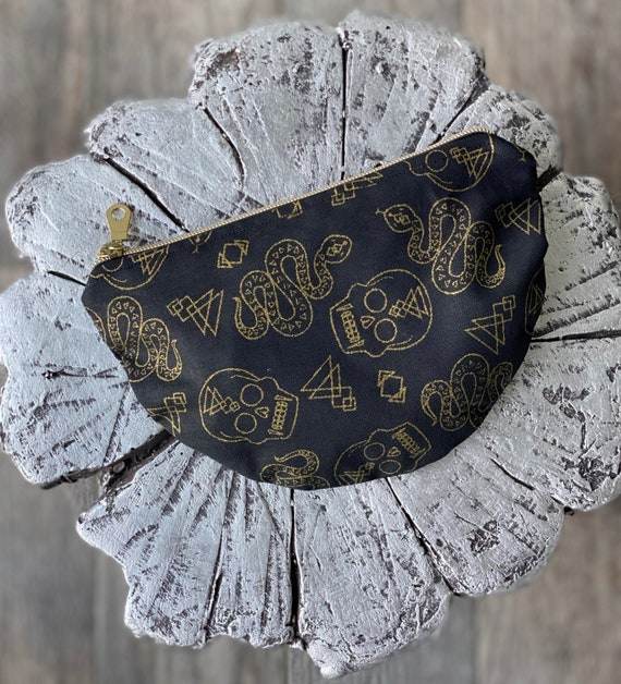 Half Circle Black Cosmetic Bag With Gold Zipper Black Half Moon Make up Pouch Black Snakes and Skulls Coin Purse Gothic Make up Bag Etsy
