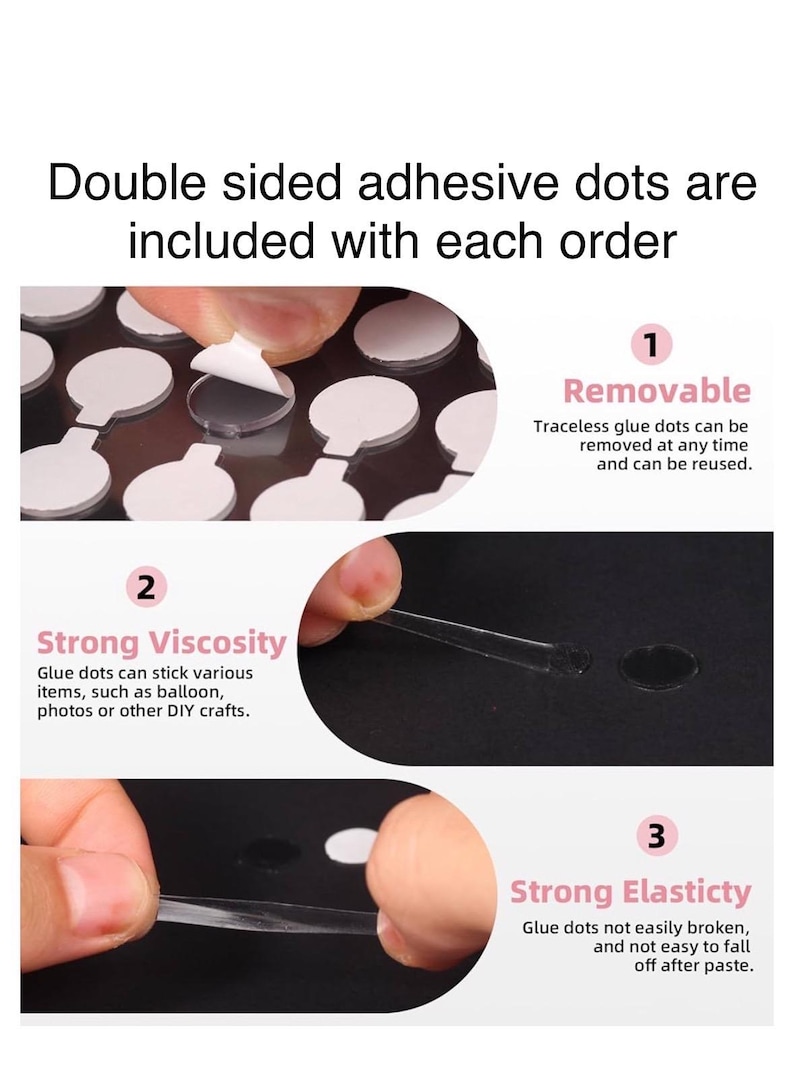 May include: Close-up of clear, double-sided adhesive dots. The dots are shown being removed from a sheet and being stretched. Text on the image reads: "Removable", "Strong Viscosity", and "Strong Elasticity".