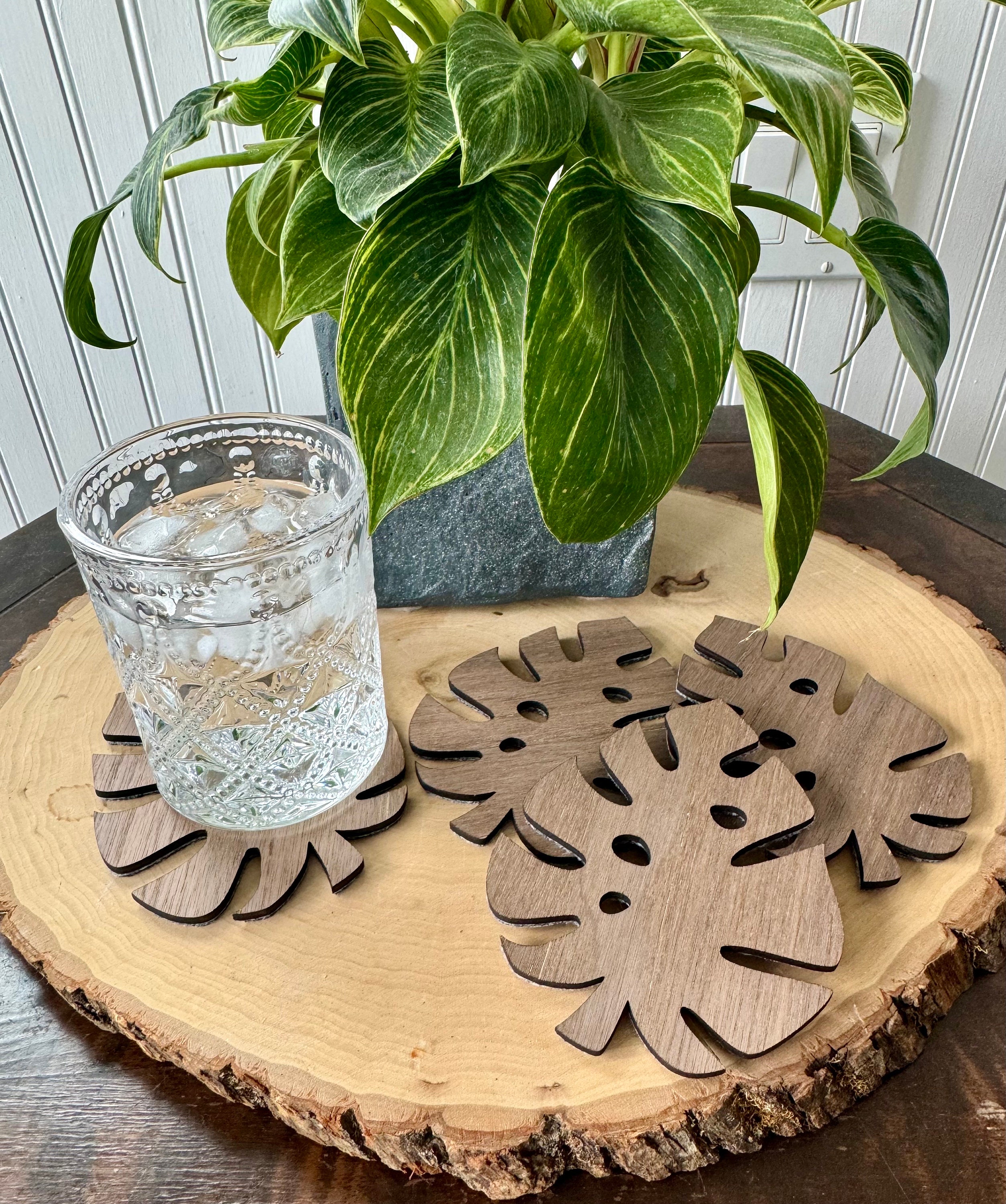 Wood Monstera Leaf Coaster Set / Tropical Drink Coaster /