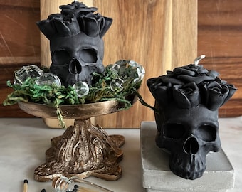 Black Skull Candle / Halloween Candle / Spooky Decor / Skull Head with Rose Crown / Soy Wax Candle / Flower Crown Skull Candle / Gothic