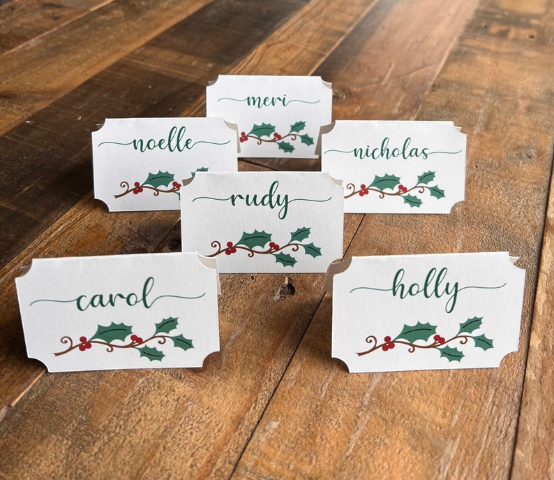 Personalized Christmas Place Cards / Custom Christmas Name Tags / Holiday Table Decor / Christmas Holly Table Decorations / Christmas Decor image 1