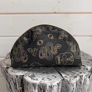 Skulls and Snakes Cosmetic Bag / Half Moon Make Up Bag / Gothic Cosmetic Pouch / Gold Snake Bag / Gold Skull Cosmetic Bag / Coin Pouch