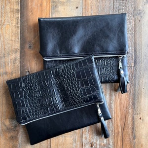 Black Croc Fold Over Clutch / Faux Leather Handbag / Women's Evening Bag / Black Alligator Clutch / Handmade Purse