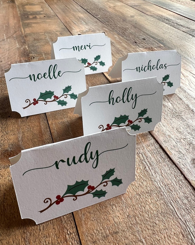 Personalized Christmas Place Cards / Custom Christmas Name Tags / Holiday Table Decor / Christmas Holly Table Decorations / Christmas Decor image 2