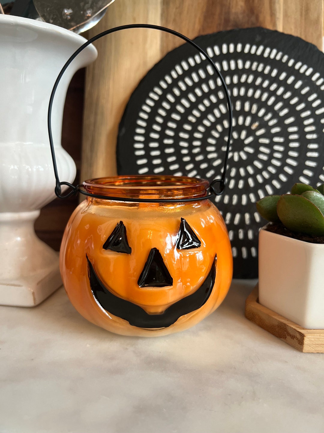Glass Pumpkin Candle / Jack Olantern Candle / Halloween Decor Etsy