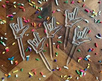 Décorations pour cupcakes en acrylique ASL / Je t'aime langue des signes / Décoration de fête ASL / Choix de gâteaux / Décoration de gâteau de fête d'anniversaire en langue des signes