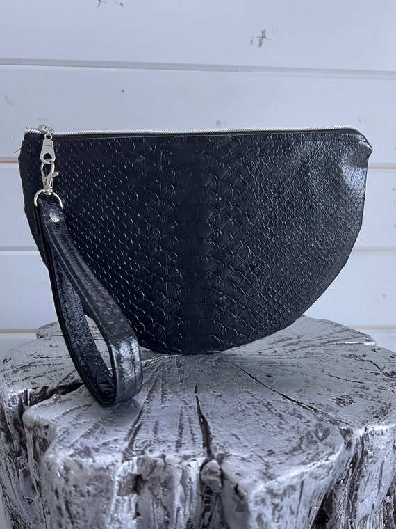 Black Snakeskin Wristlet Evening Bag Snakeskin Clutch Faux