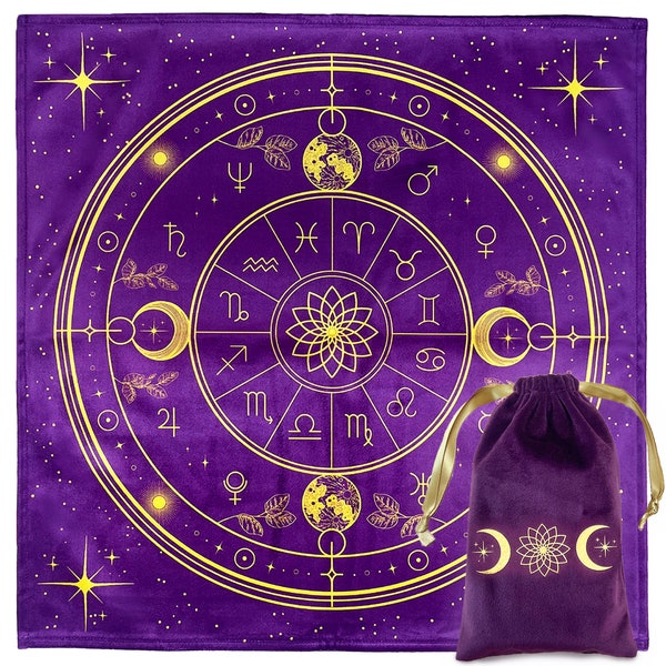 Tapis Voyance & Pochon - Tapis Oracle, Tarot Divinatoire - Nappe d'Autel en Velour pour Pratiquer la Cartomancie et Le Pendule Divinatoire