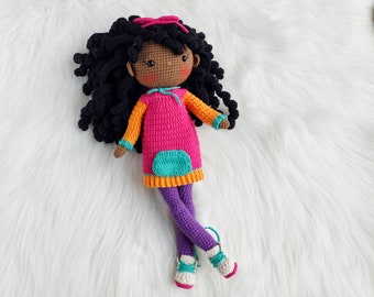 Dark skin African American doll, Small soft baby doll, Black skin crochet little doll for baby shower gift, Crochet Brown doll for sale