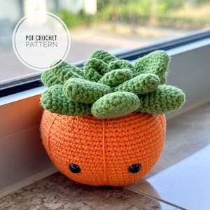 Puede incluir: Una planta suculenta de crochet en una pequeña maceta naranja con una cara linda. La maceta está hecha a crochet y tiene dos ojos negros. La suculenta es verde y tiene una textura frondosa. La imagen incluye el texto "PDF CROCHET PATTERN".