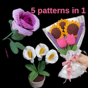 5 in 1 かぎ針編みの花のパターン、かぎ針編みのバラ、カラリリー、ラベンダー、チューリップ、ひまわりのパターン 1 in 1 のバンドル