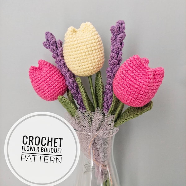 Crochet flower pattern 2 in 1, Amigurumi flower bouquet pattern, Crochet tulip pattern, Amigurumi lavender pattern