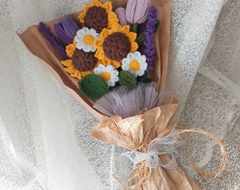 Crochet sunflower bouquet, Sunflower and lavender bouquet arrangement, Amigurumi bouquet of flowers