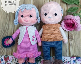 Crochet grandma and Grandpa pattern,  Amigurumi old couple pattern, Crochet doll English pattern