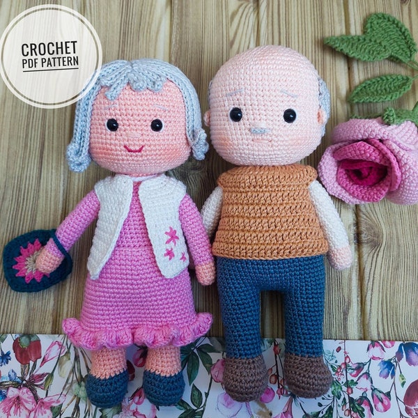 Crochet grandma and Grandpa pattern,  Amigurumi old couple pattern, Crochet doll English pattern