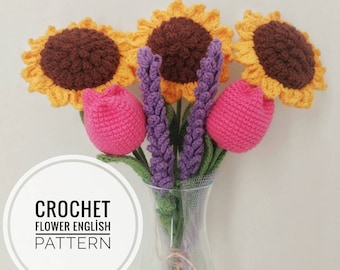 Crochet flower bouquet pattern, Mixed Flower pattern,  Amigurumi sunflower and tulip pattern, Knitted Tulip and lavender