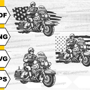 May include: Black and white illustration of a police officer riding a motorcycle with an American flag in the background. The motorcycle has the word "POLICE" written on the side.