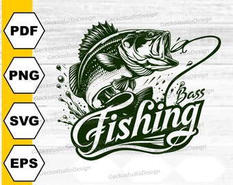 Könnte beinhalten: Eine Schwarzweißillustration eines Barsches, der mit einem Köder im Maul aus dem Wasser springt. Der Text "Bass Fishing" ist in einer stilisierten Schrift unter dem Fisch geschrieben.