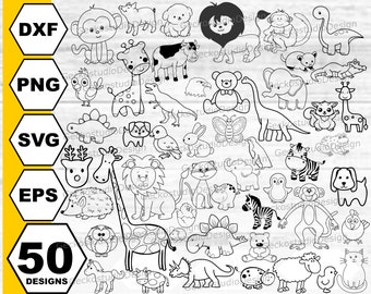 May include: A set of 50 black and white line drawings of various animals, including a giraffe, lion, zebra, monkey, dinosaur, and more. The drawings are simple and cute, perfect for use in crafts, scrapbooking, or digital design.