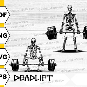 May include: A black and white illustration of a skeleton performing a deadlift exercise. The skeleton is lifting a barbell with weights on each end. The text "DEADLIFT" is written below the image.