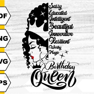 Verjaardag koningin SVG. Zwarte koningin-svg. Verjaardag meisje silhouet cutfiles. Gelukkige verjaardag-svg. Afro vrouw clipart png.